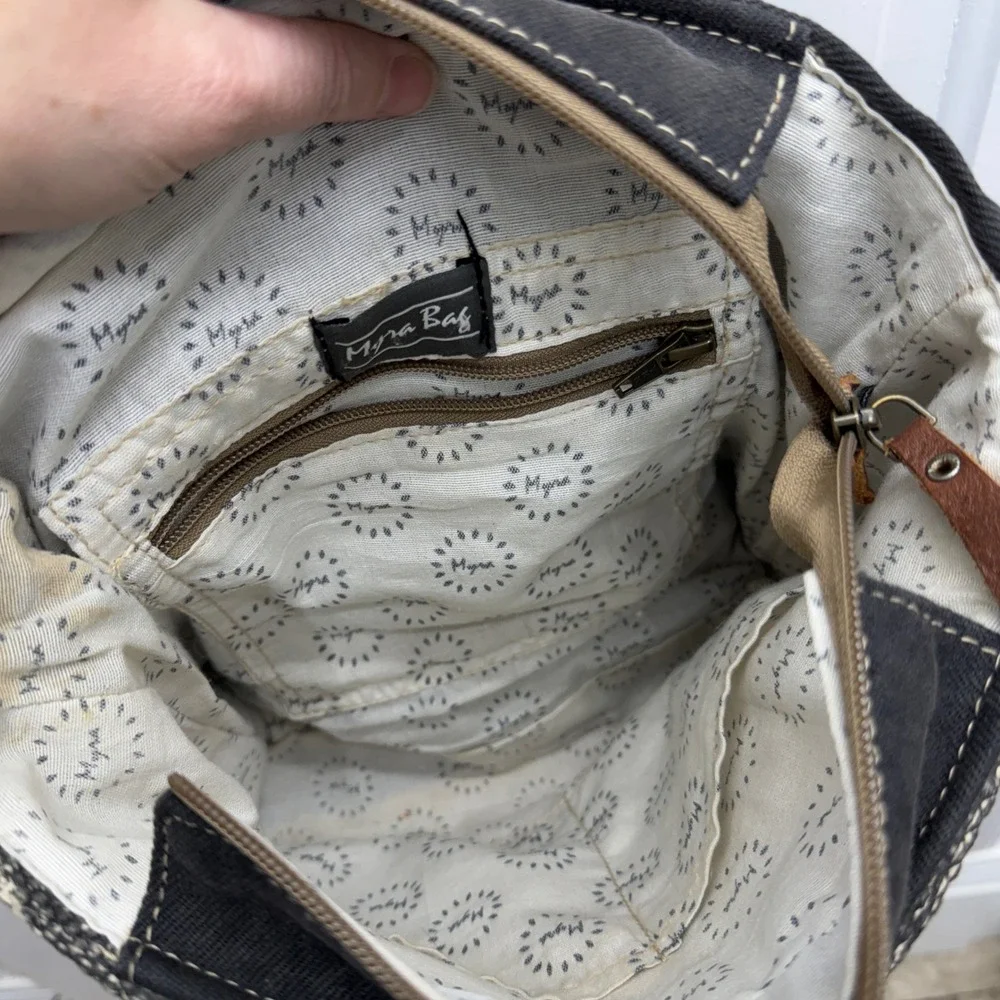 Myra Bag Carry Me back pack cow hide white grey paisley‎ canvas 10.5 x 3.5 x 9.5